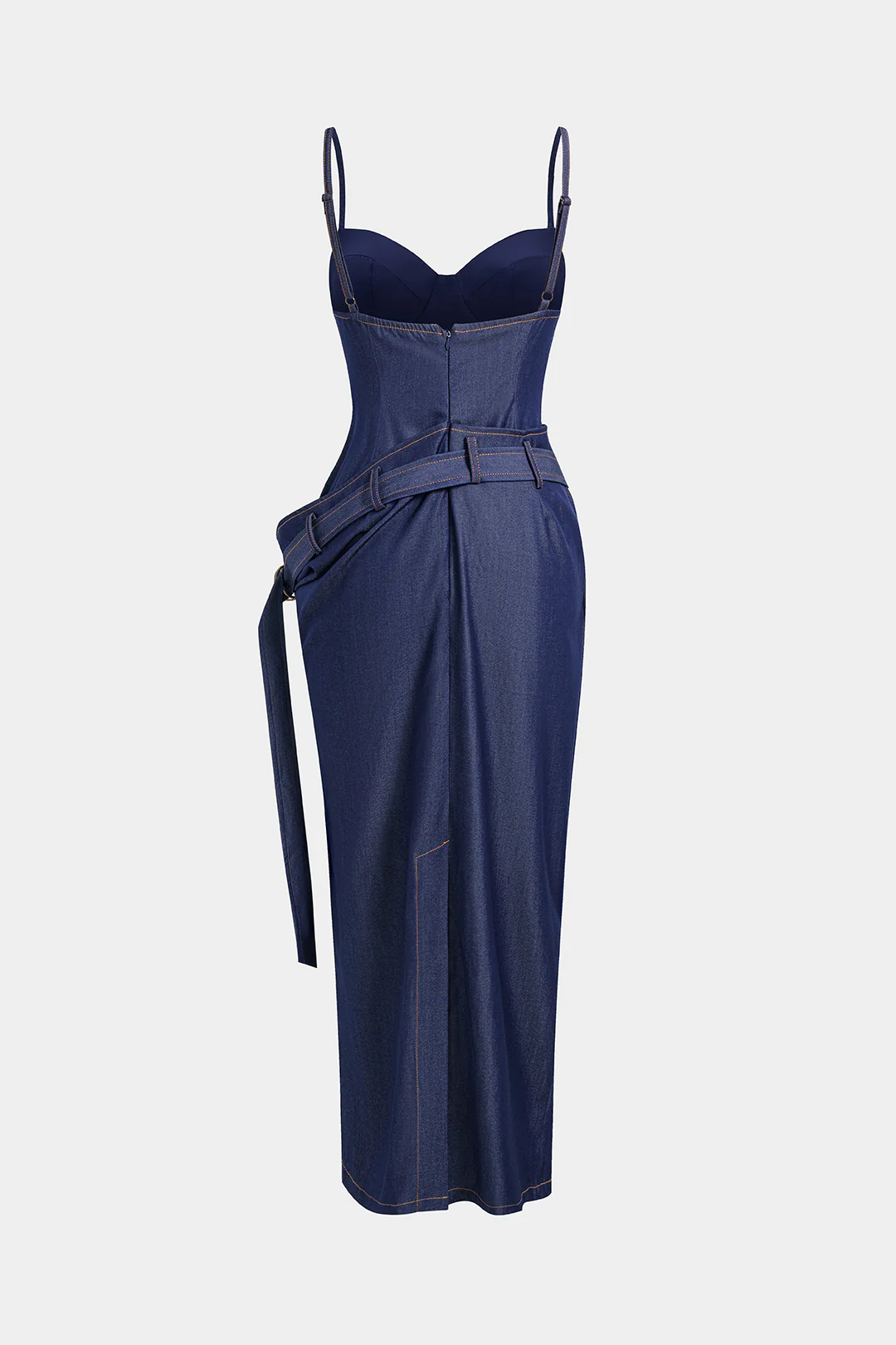 Denim Asymmetrical Ruched Bustier Belted Zipper Maxi Dress - Flockneti