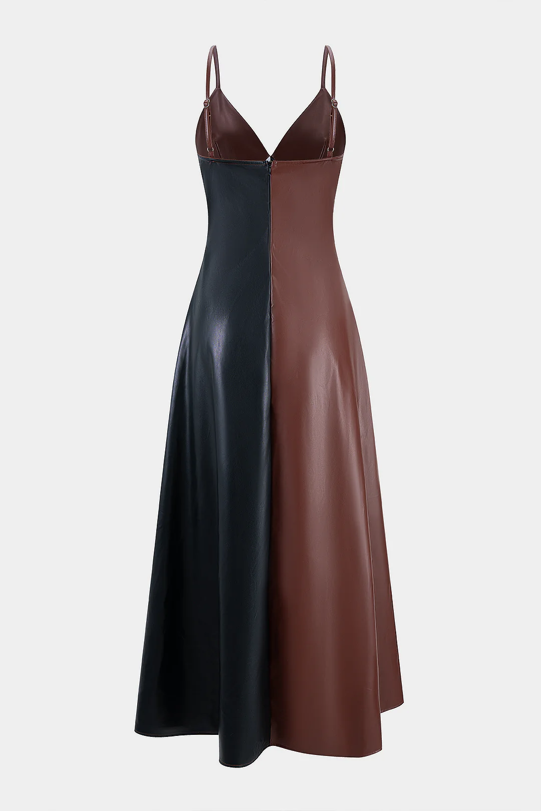Faux Leather Contrast Slip V-Neck Sleeveless Maxi Dress - Flockneti