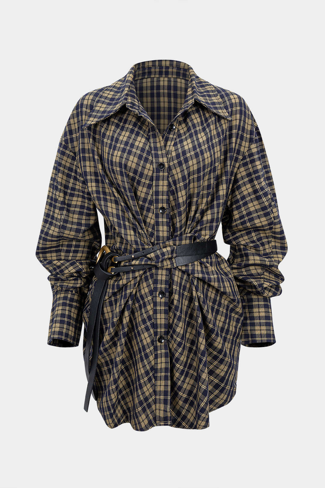 Plaid Print Belted Long-Sleeve Mini Dress - Flockneti