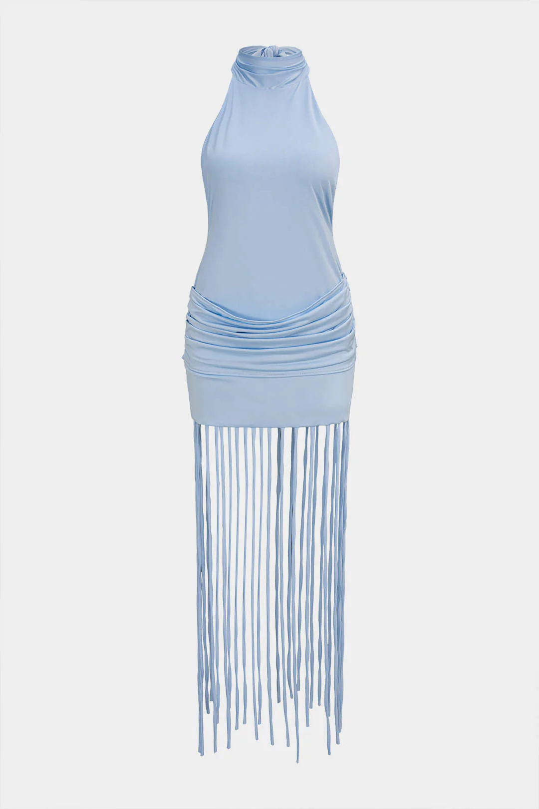 Halter Neck Pleated Fringe Backless Tie Back Sleeveless Midi Dress - Flockneti