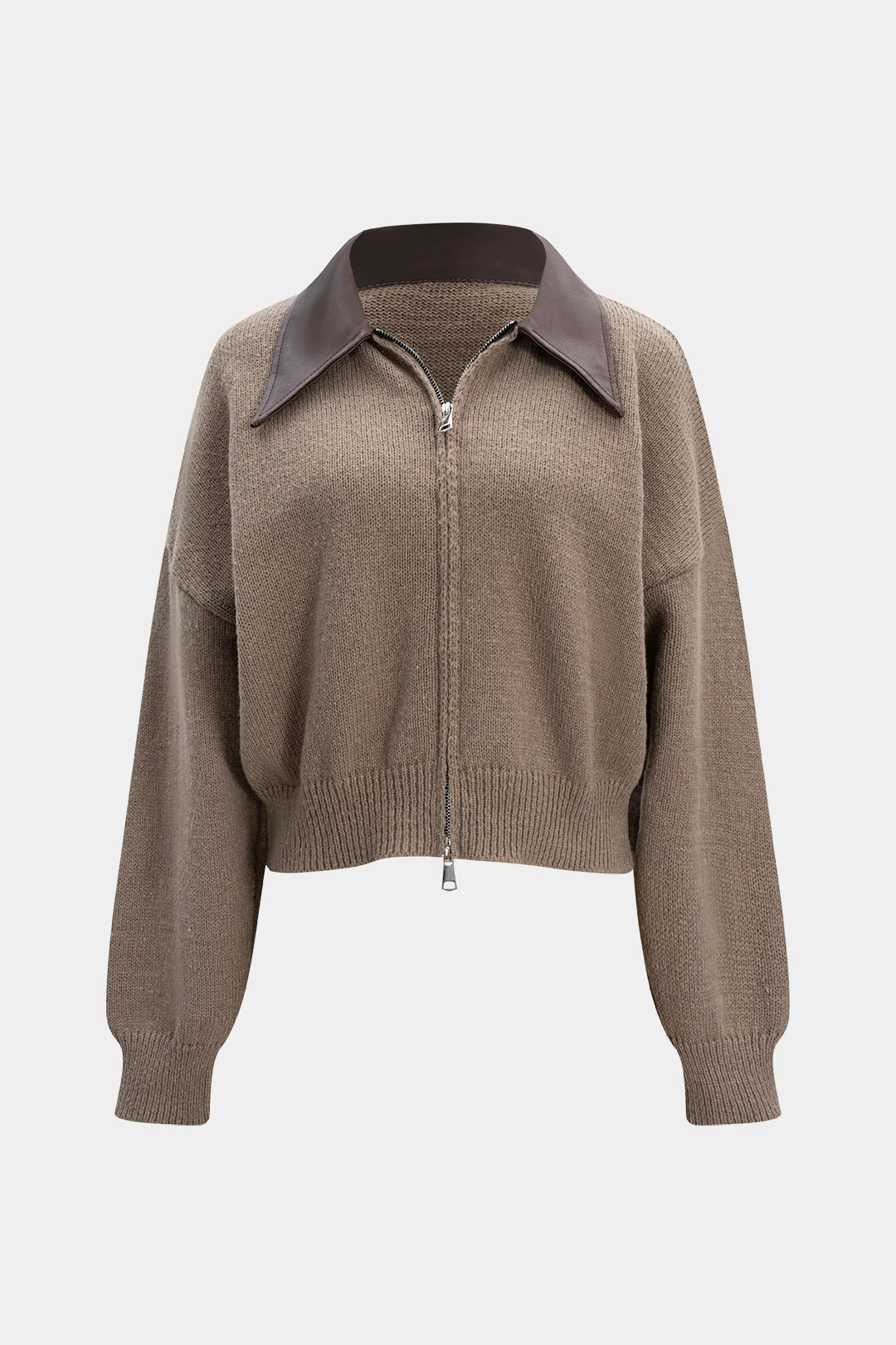 Faux Leather Patchwork Zipper Sweater Cardigan - Flockneti