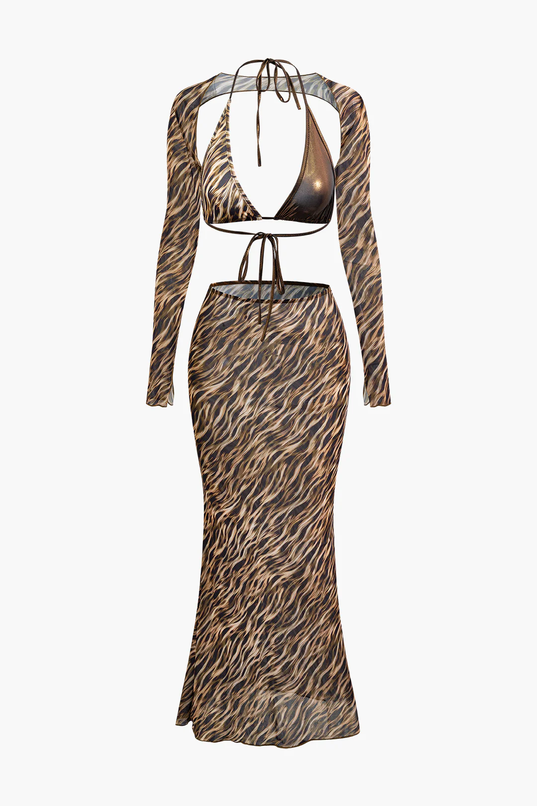 3PC Leopard Print Tie-Up Slip Lingerie And Skirt Set - Flockneti