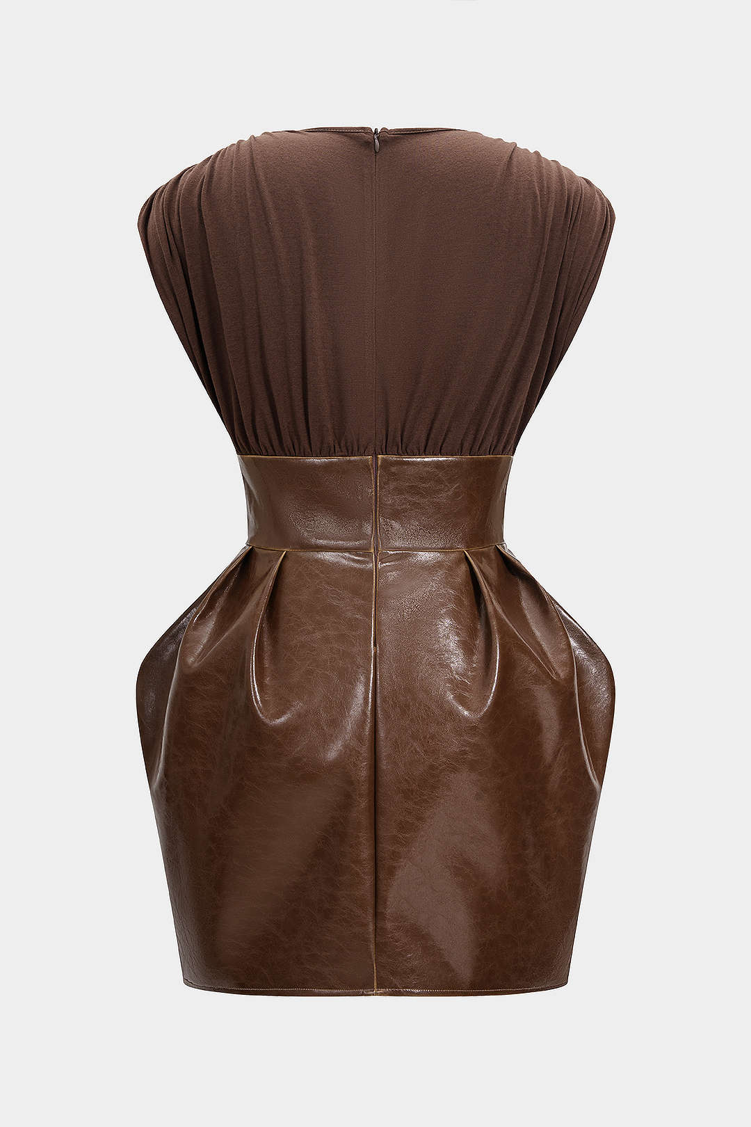 Faux Leather Patchwork V-Neck Ruched Sleeveless Mini Dress - Flockneti