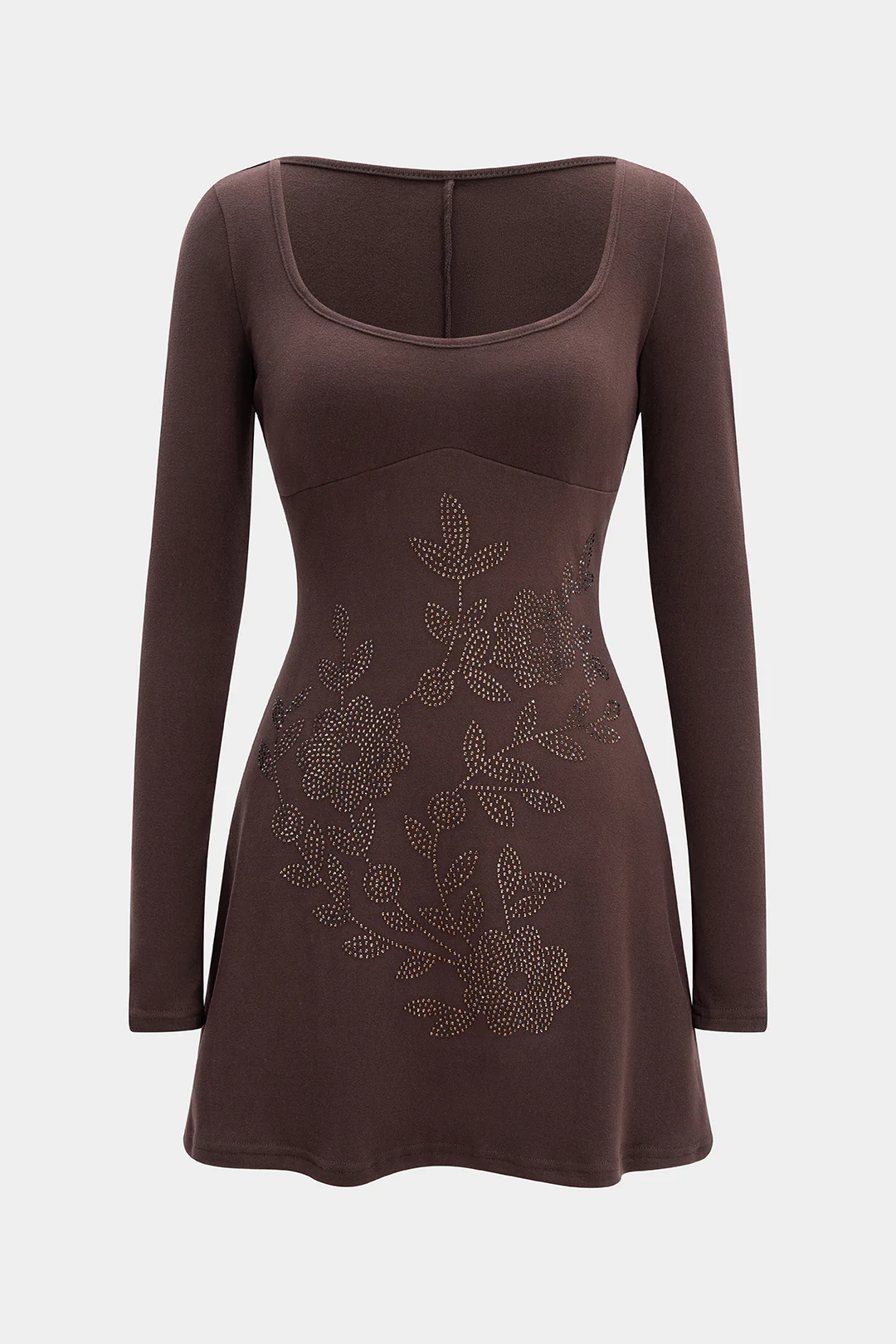 Floral Rhinestone Print Long Sleeve Mini Dress - Flockneti