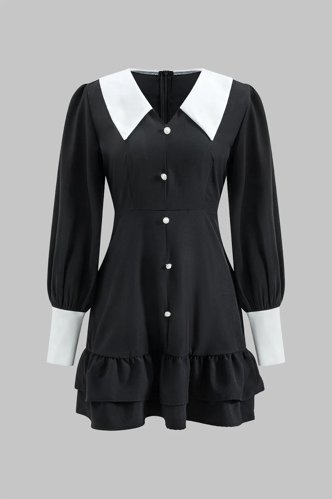 Contrast V-Neck Ruffle Hem Lantern Sleeve Mini Dress - Flockneti
