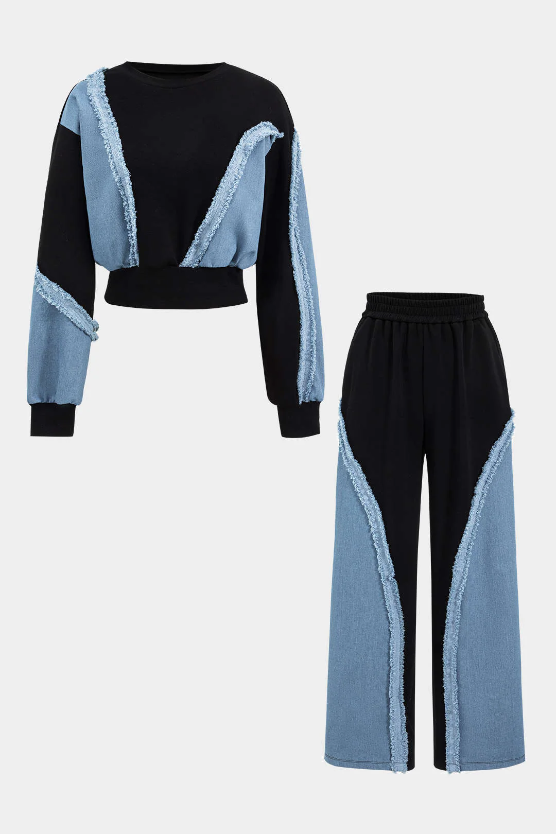 Denim Patchwork Long Sleeve Top And Wide Leg Trousers Set - Flockneti