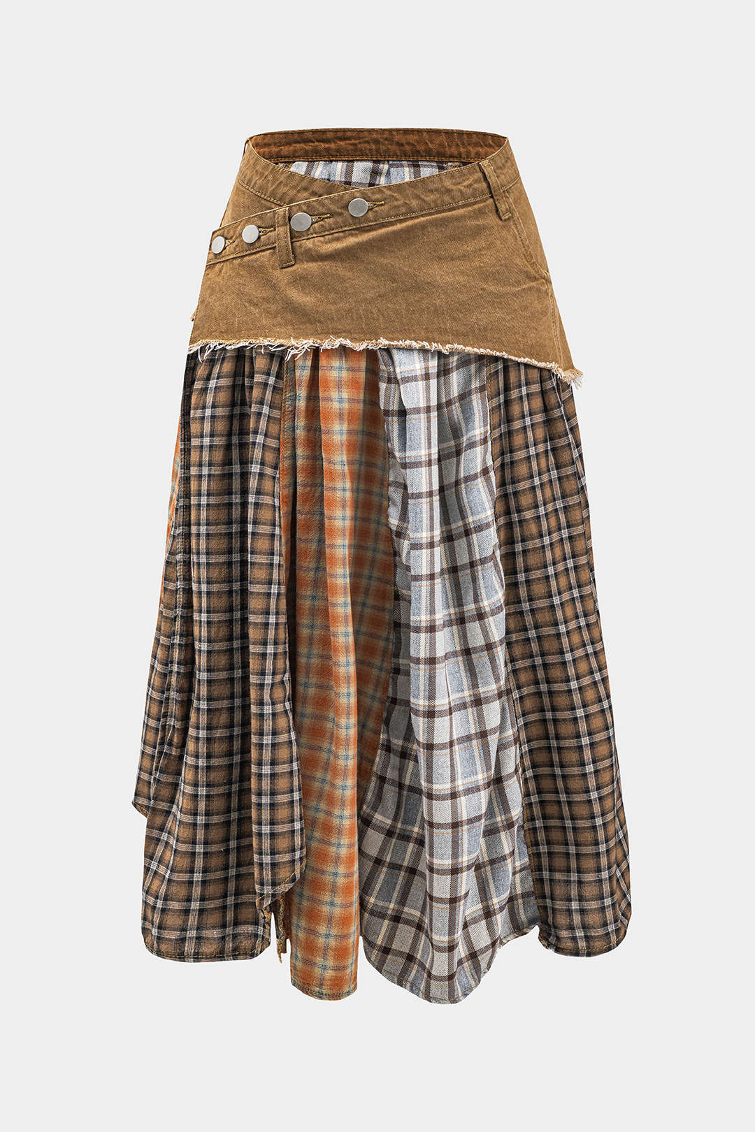 Plus Size Denim Plaid Print Patchwork Asymmetrical Skirt - Flockneti