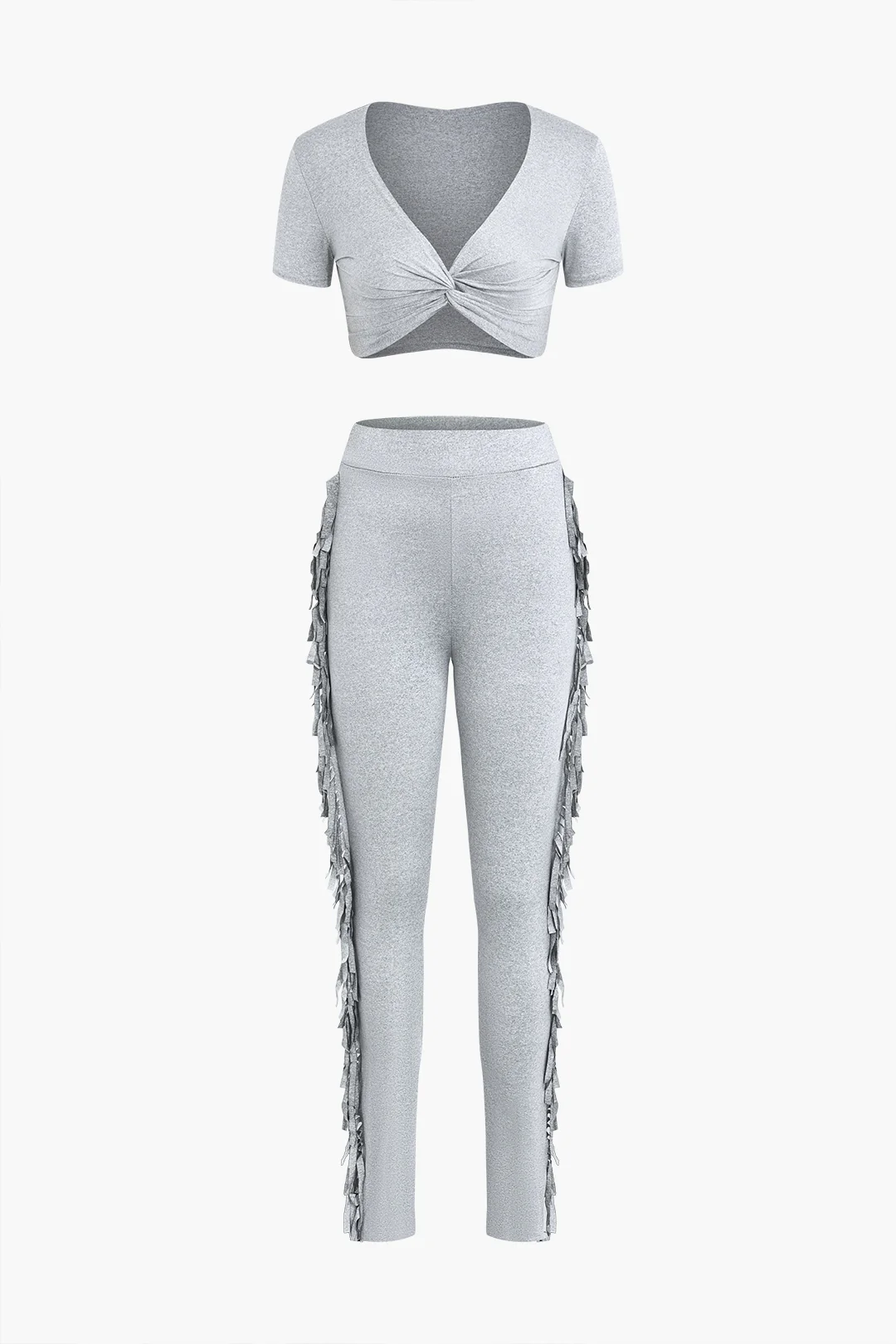 Twist Knot V-Neck Short Sleeve Top And Fringe Decor Pants Set - Flockneti