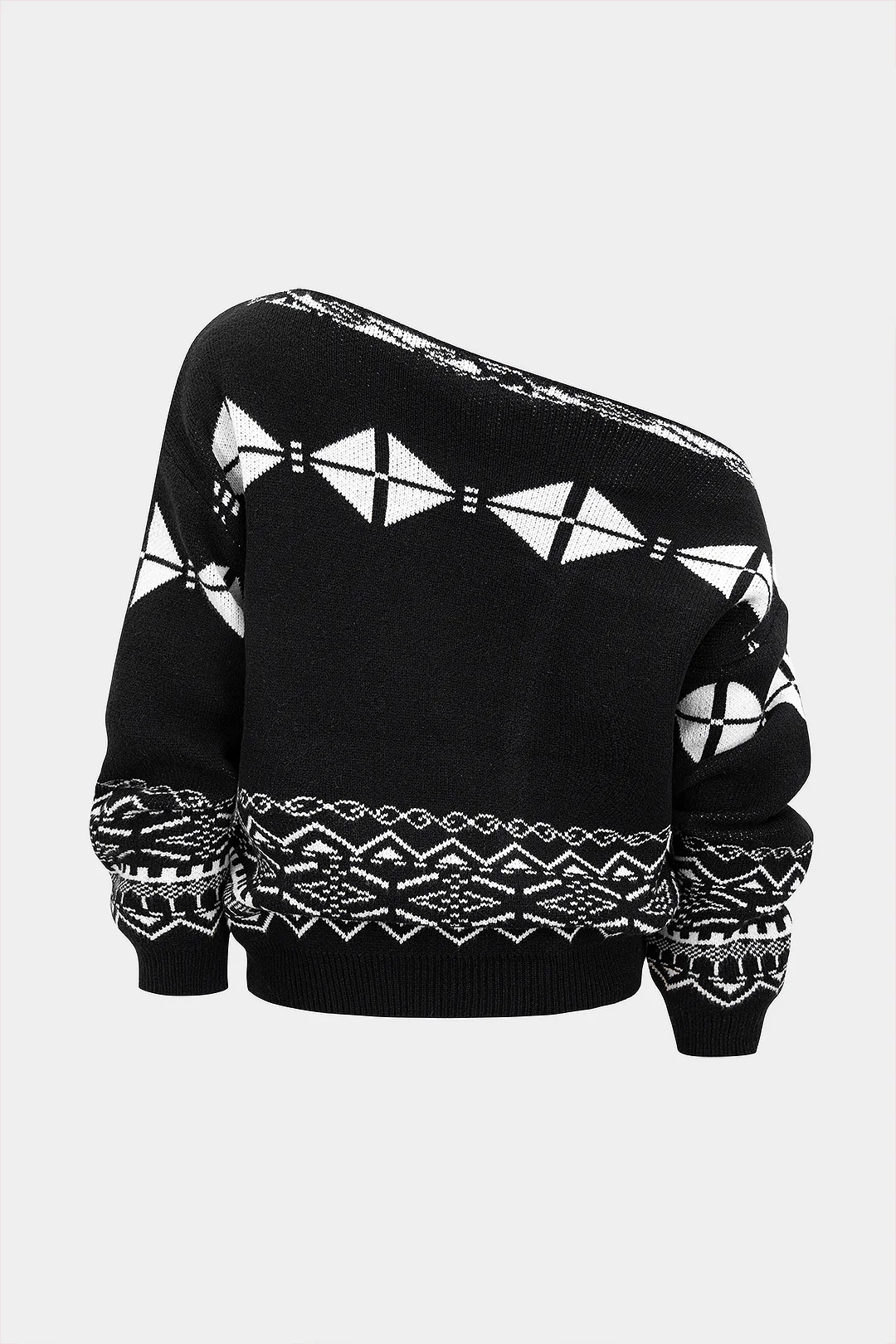Knit Geometric Print Slant Shoulder Long-Sleeve Top - Flockneti