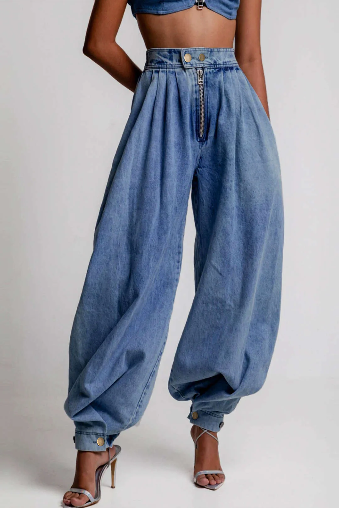 Denim High Waist Zipper Barrel Balloon Jeans - Flockneti