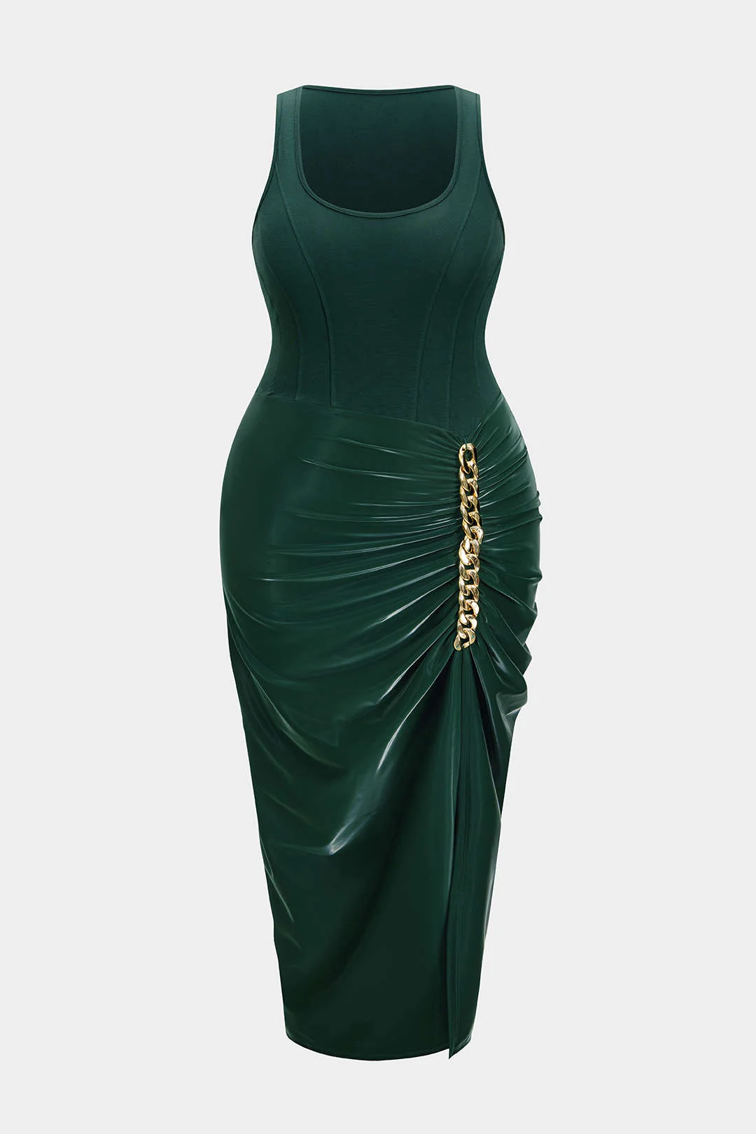 Plus Size Metallic Ruched Square Neck Sleeveless Midi Dress - Flockneti