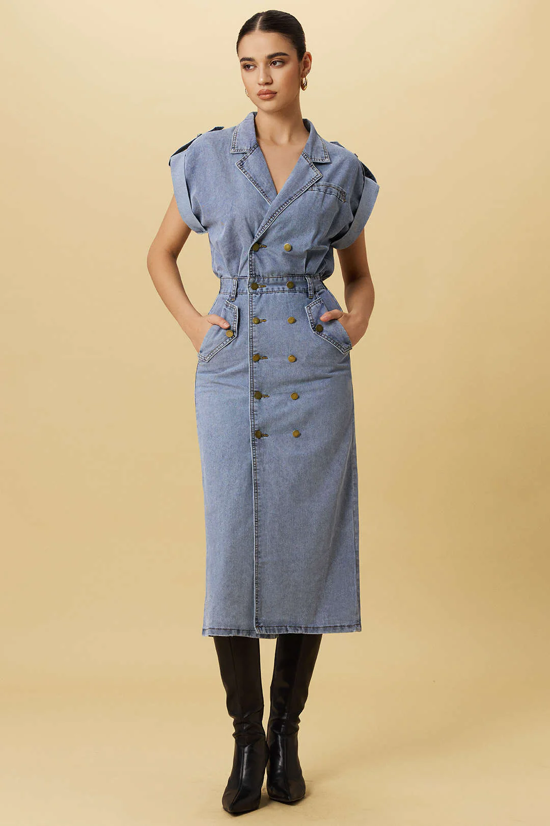 Denim Button Shirred Short Sleeve Dress - Flockneti
