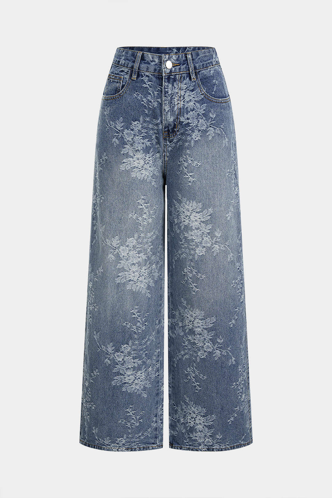 Denim Floral High Waist Wide Leg Jeans - Flockneti