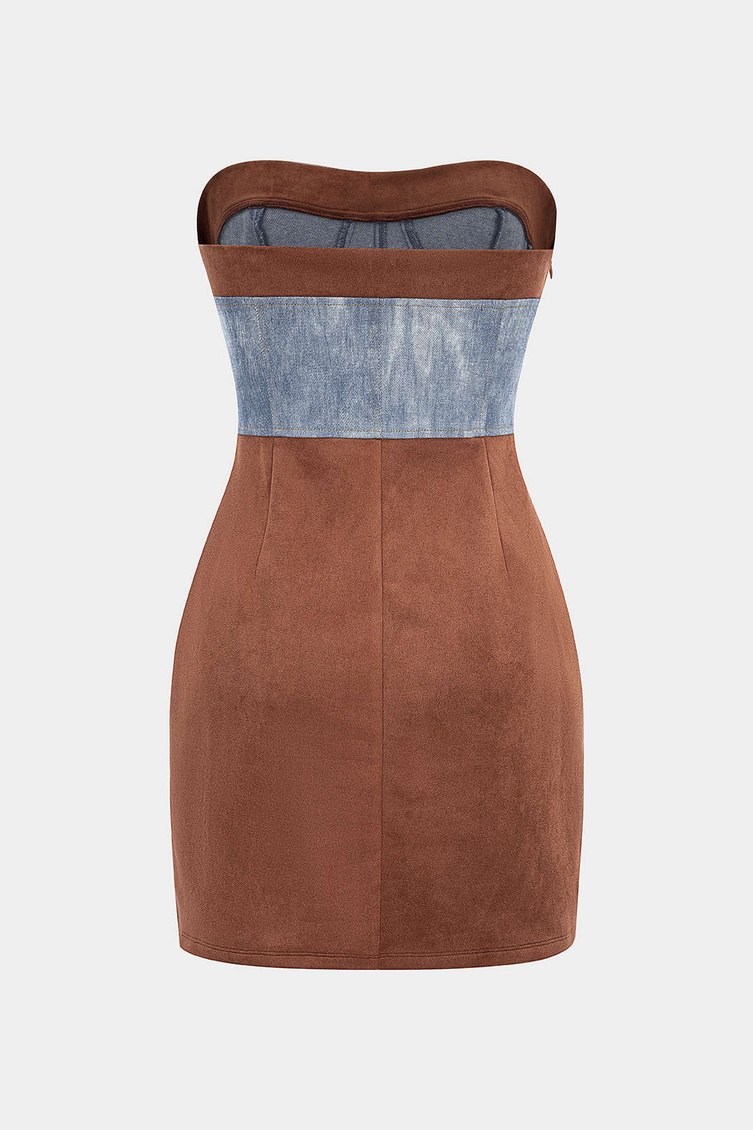 Suede Denim Patchwork Strapless Sleeveless Mini Dress - Flockneti