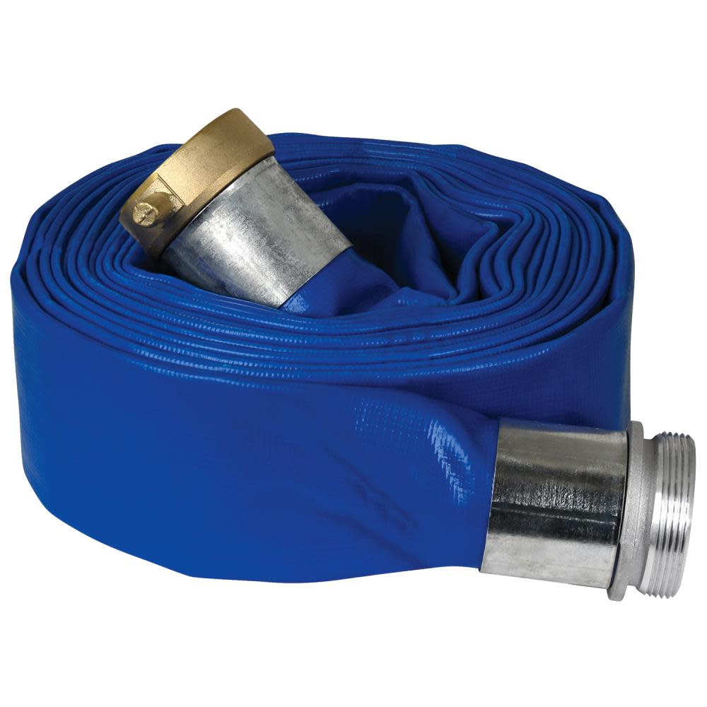 Apache Hose 1-1/2 In. x 25 Ft. Blue PVC Lay Flat Discharge Hose with Pin Lug Fittings - Flockneti