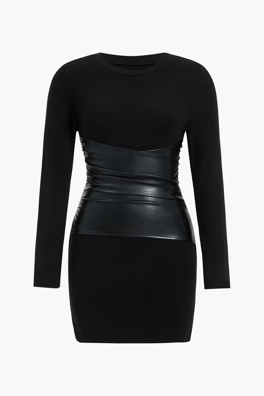 Plus Size Patchwork Faux Leather Long Sleeve Mini Dress - Flockneti