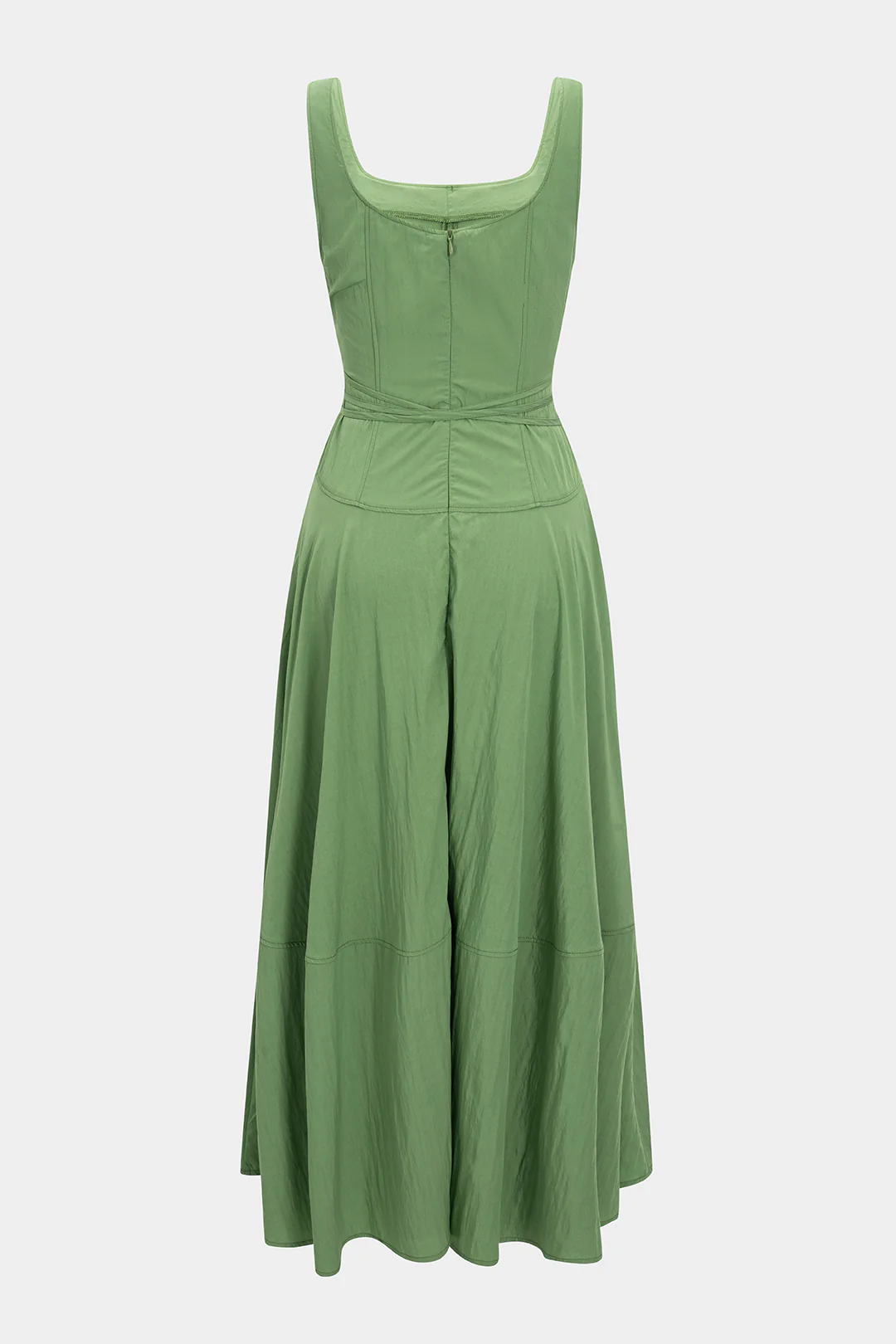 Solid Square Neck Tie-Front Zipper Sleeveless Midi Dress - Flockneti