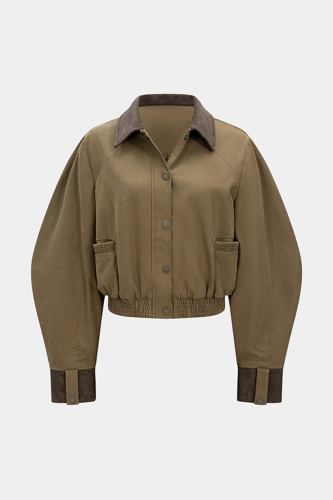 Faux Leather Button Shirred Patchwork Pocket Jacket - Flockneti