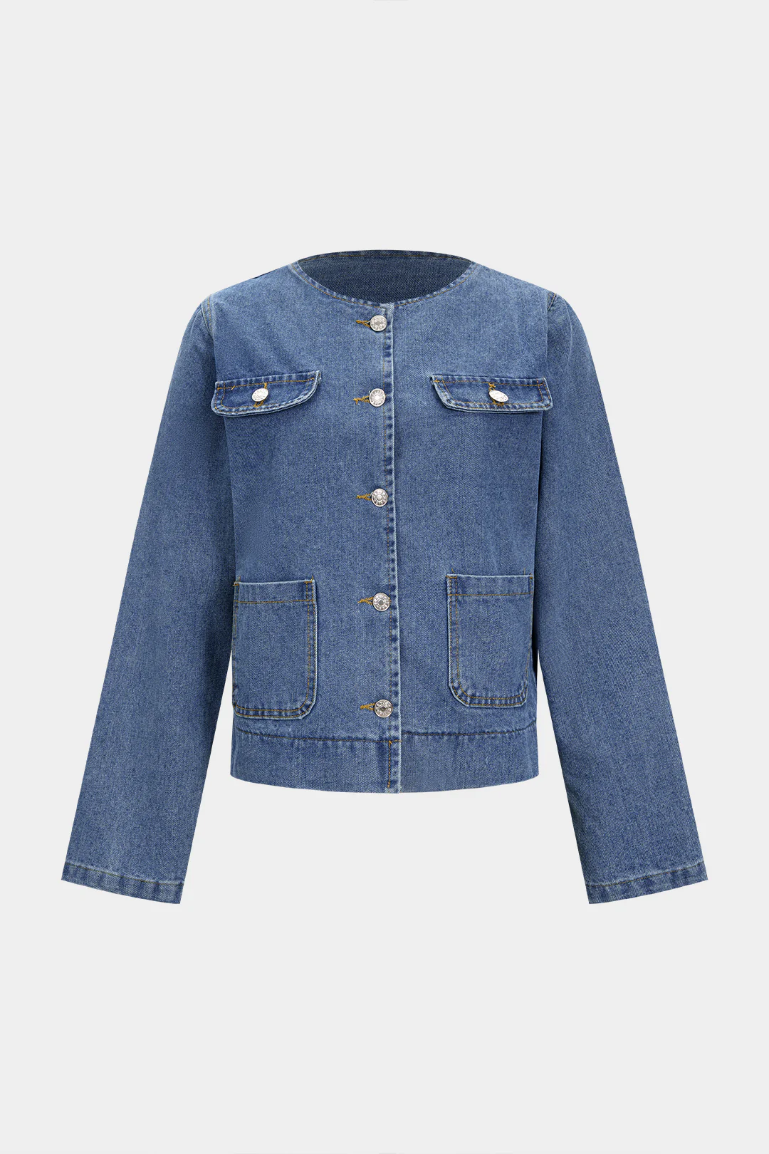 Denim Round Neck Pocket Outerwear - Flockneti