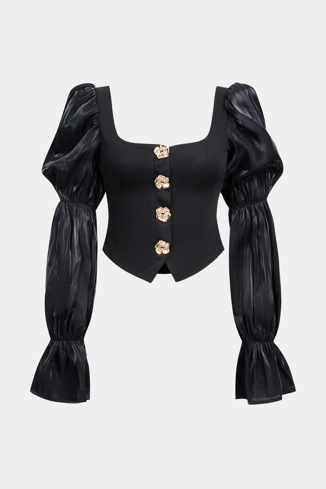 Satin Patchwork Metallic Button Long-Sleeve Shirt - Flockneti