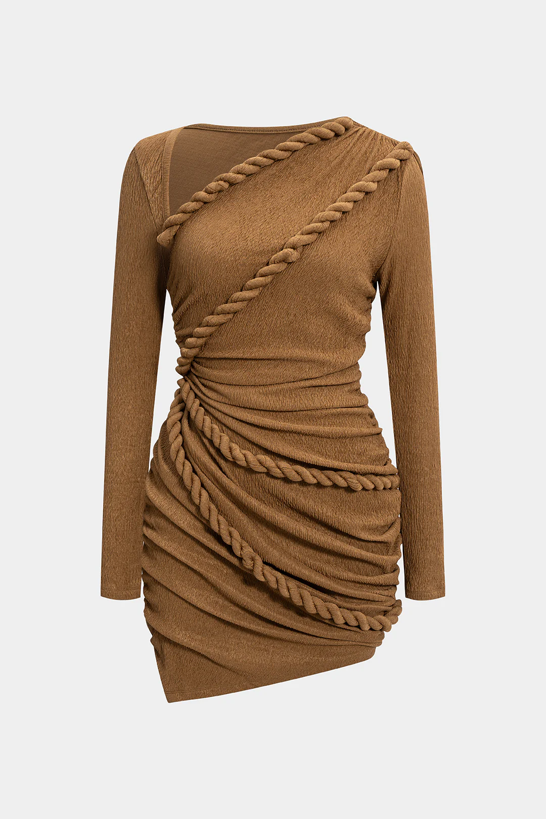 Twist Knot Ruched Asymmetrical Long Sleeve Mini Dress - Flockneti
