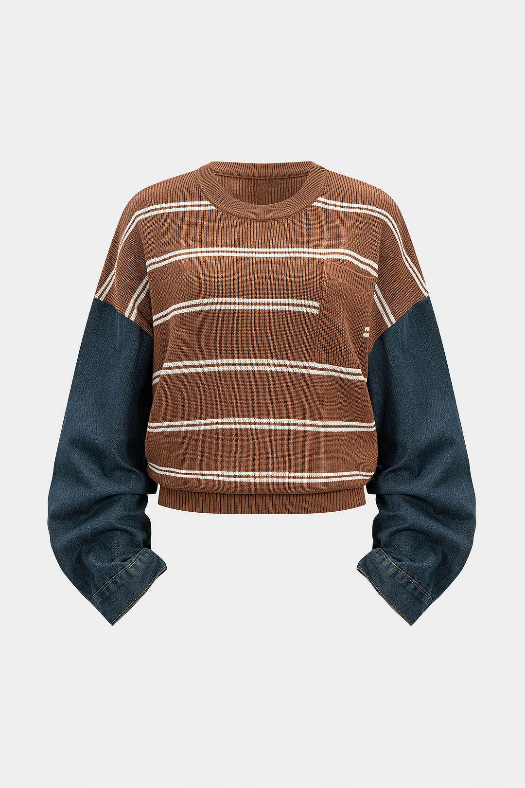 Knit Contrast Stripe Print Patchwork Long-Sleeve Top - Flockneti
