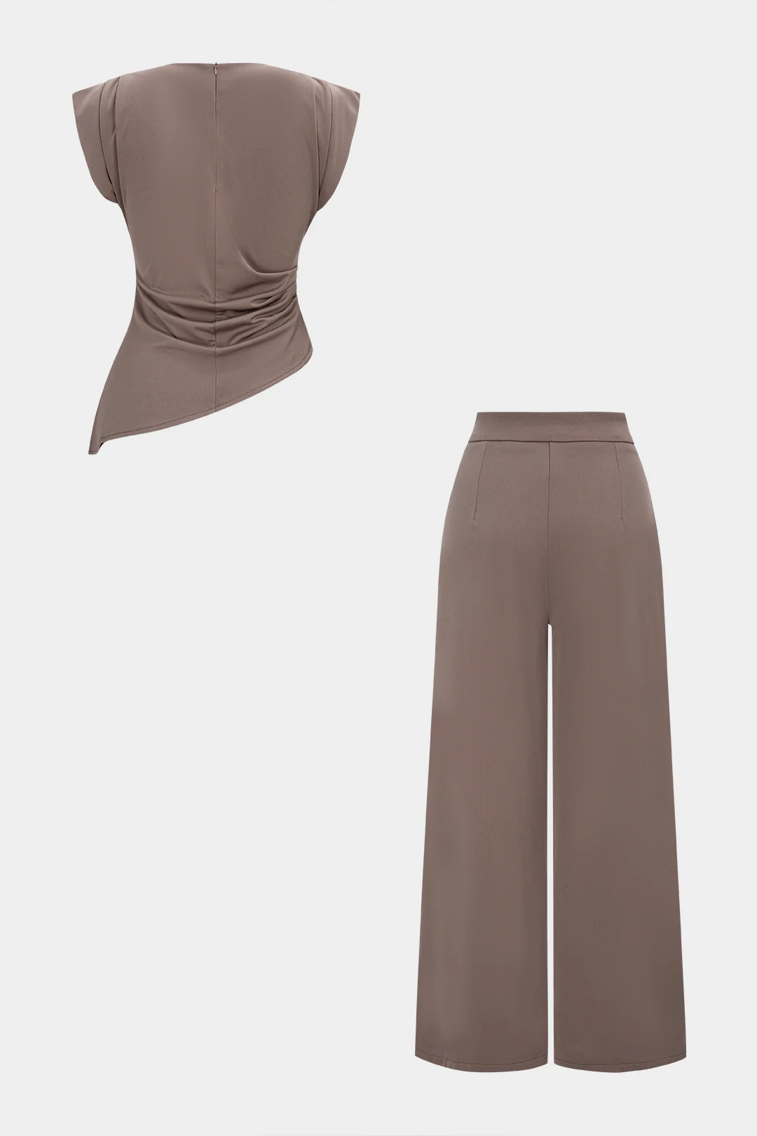Solid Round Neck Ruched Tank Top And High Waist Wide Pants Set - Flockneti
