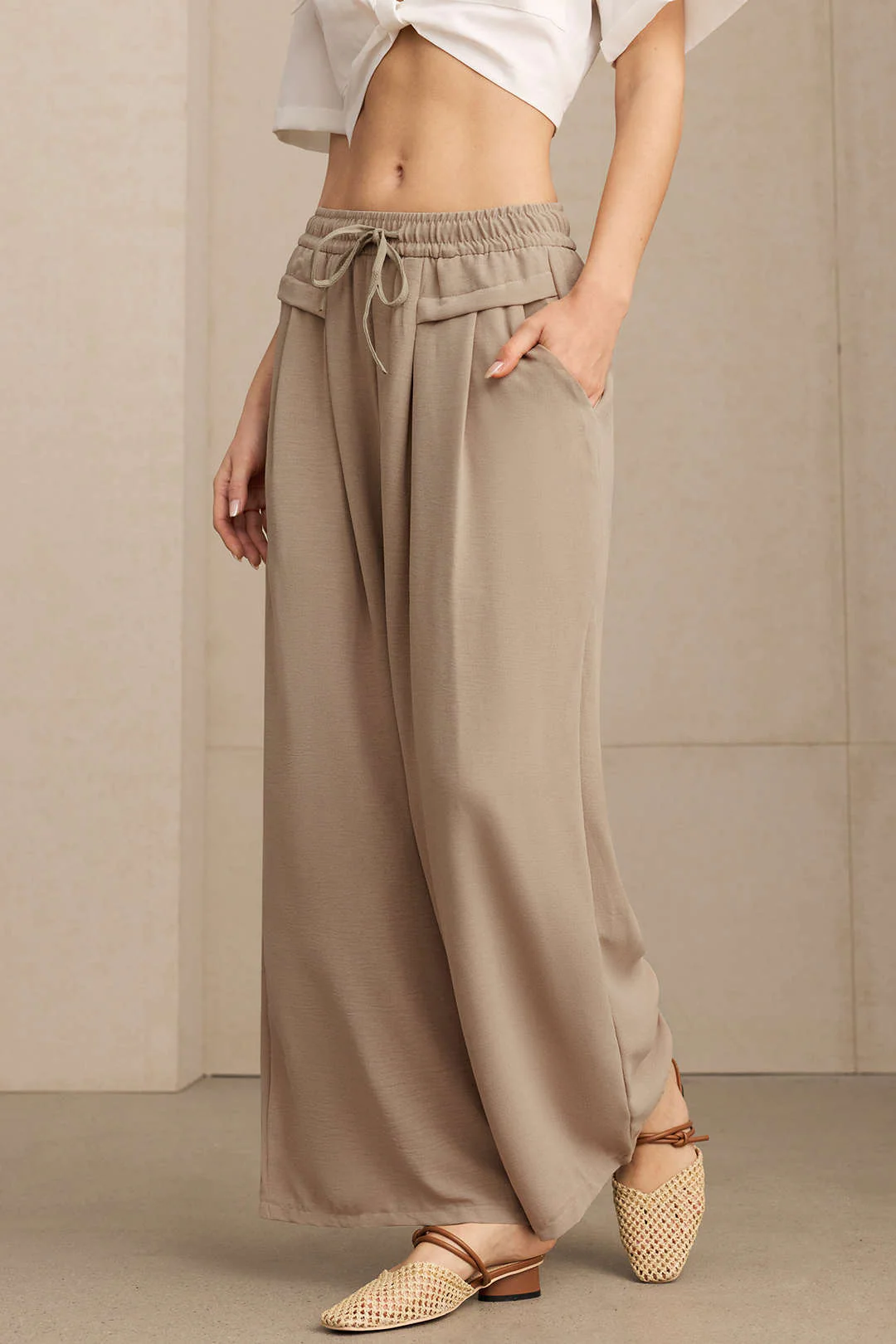 Drawstring Shirred Waistband Wide Leg  Pants - Flockneti