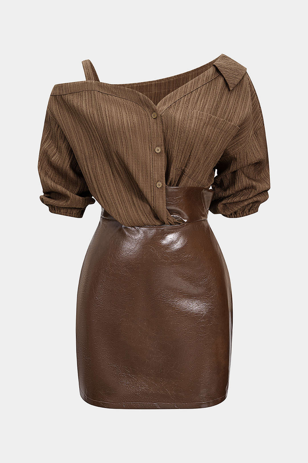 Faux Leather Patchwork Asymmetrical Short Sleeve Mini Dress - Flockneti