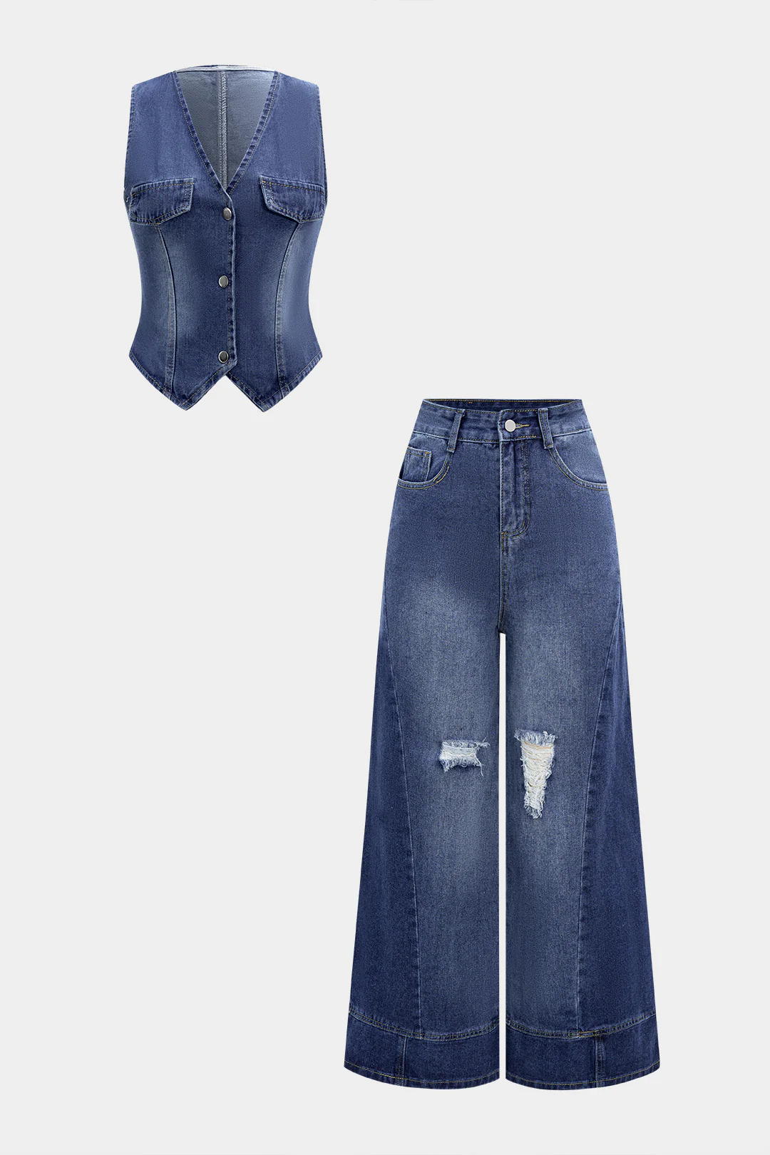 Denim Washed Button Tank Top And Ripped High Waist Wide Leg Jeans Set - Flockneti