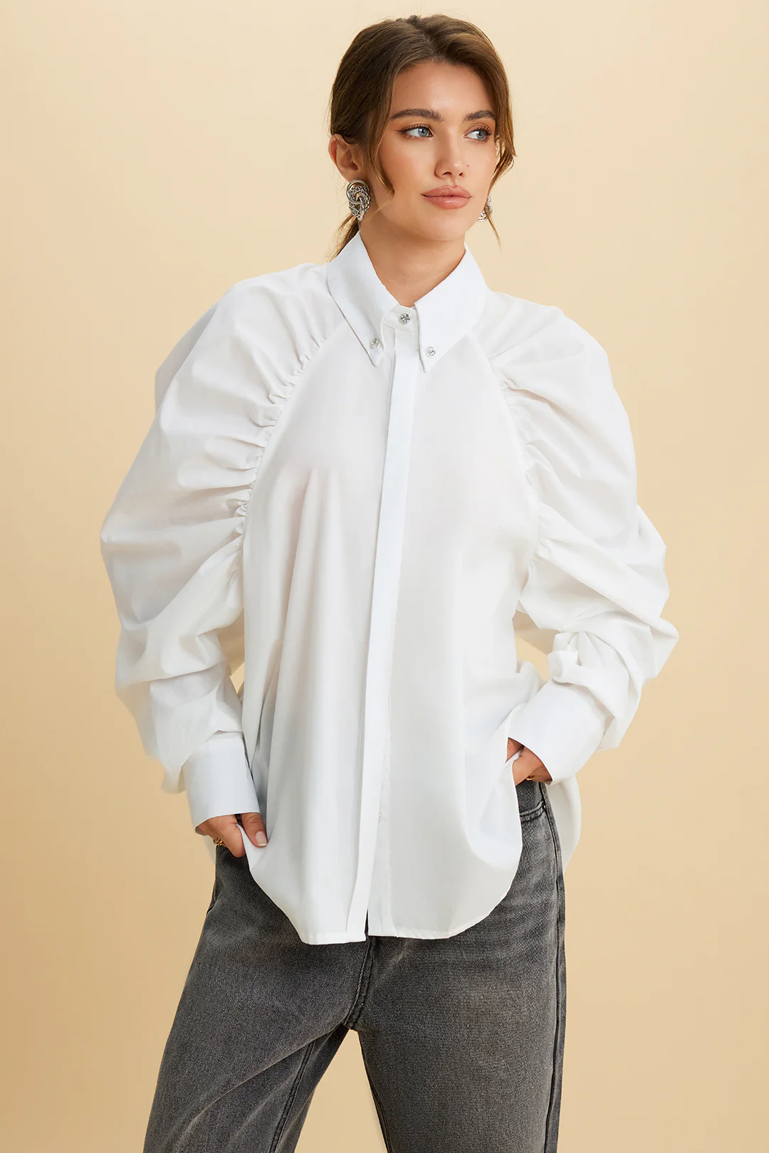 Solid Ruched Button Puff Sleeve Shirt - Flockneti