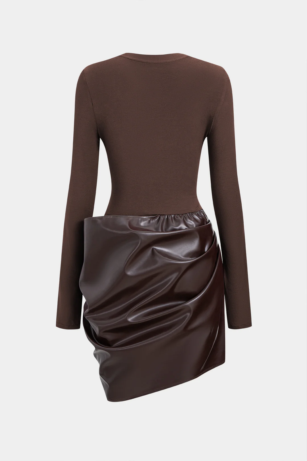 Faux Leather Patchwork Round Neck Tie Up Long Sleeve Midi Dress - Flockneti