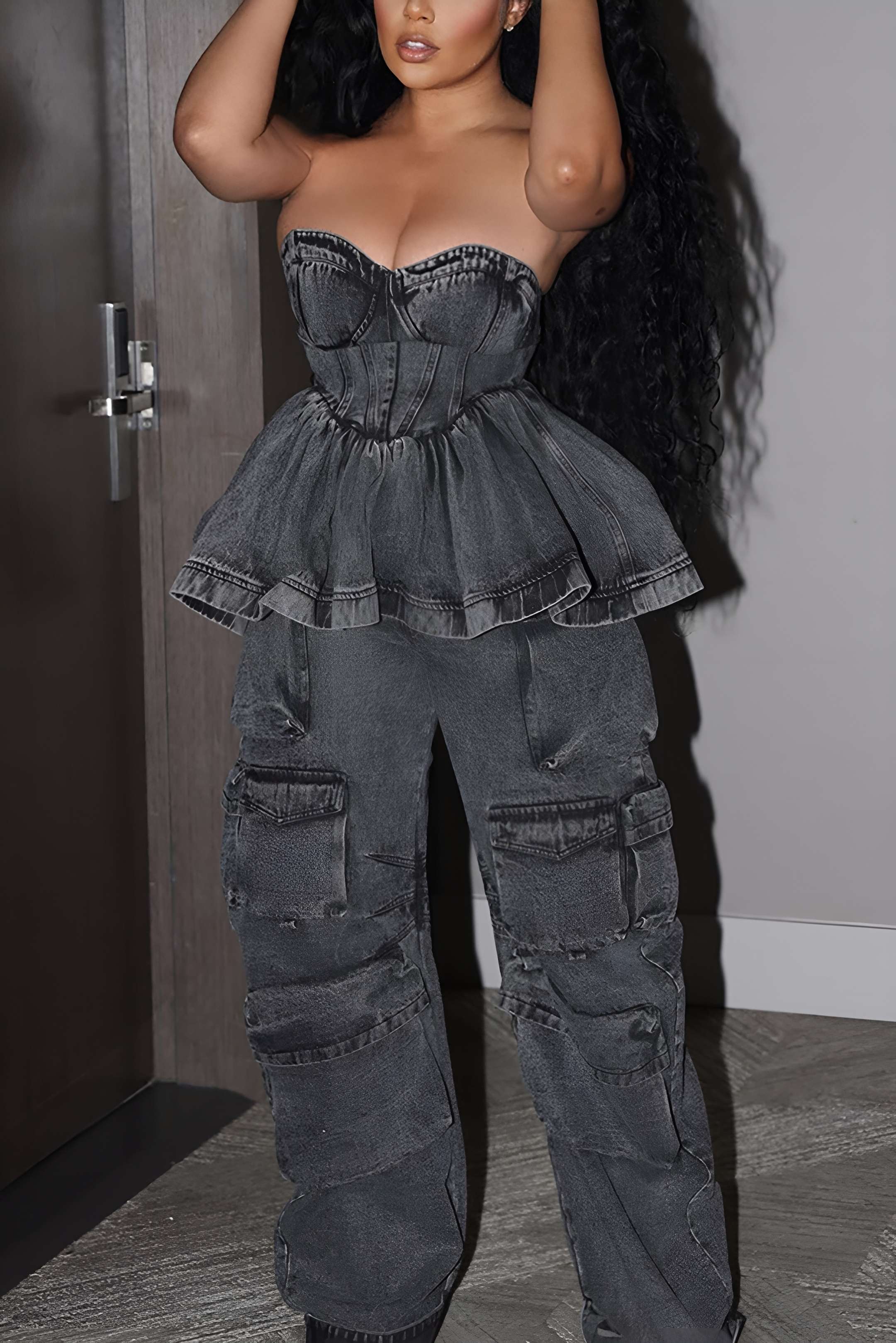 Denim Ruched Zipper Tube Top - Flockneti