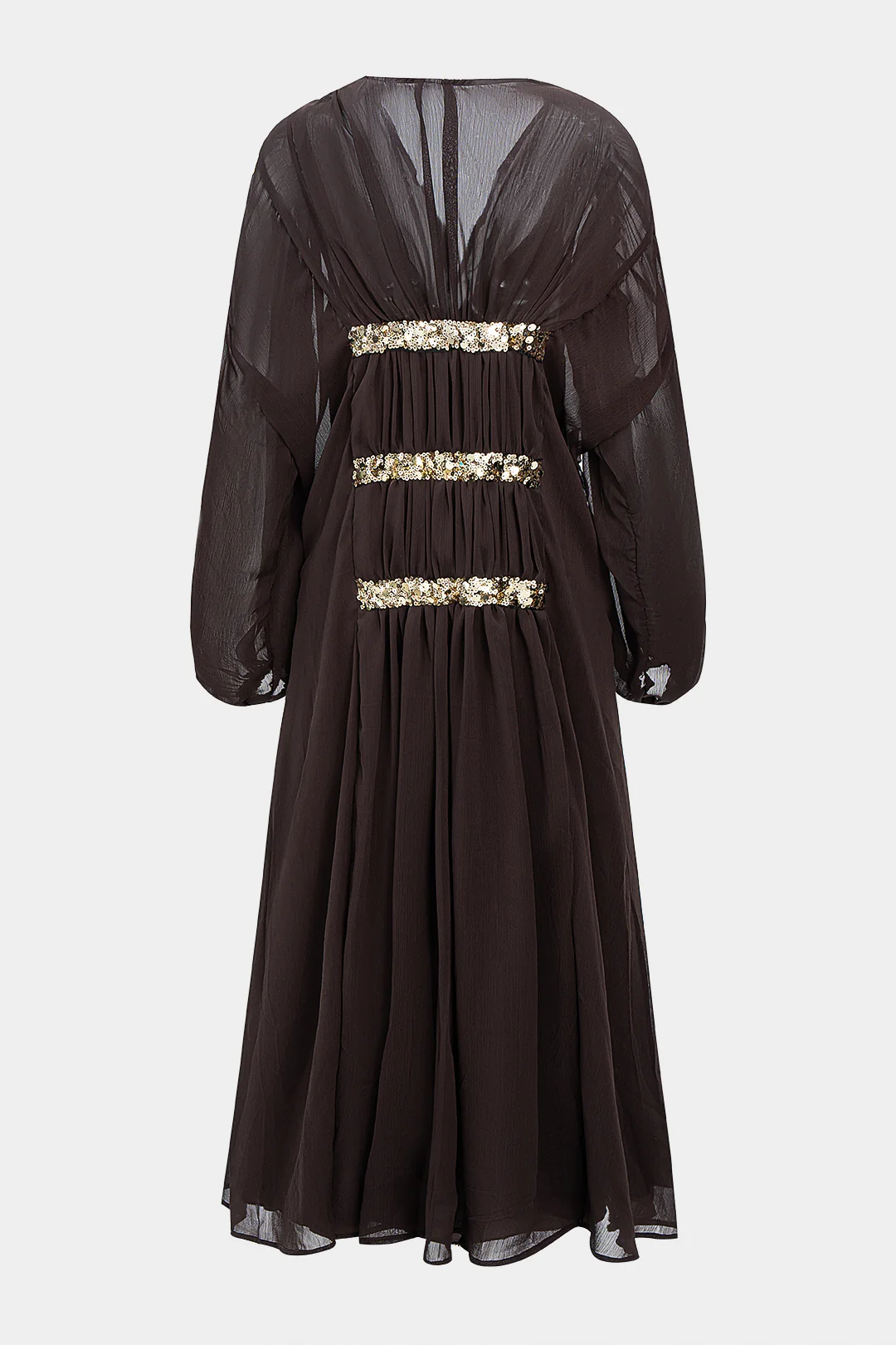 Mesh Sequin Decor V-Neck Ruched Long Sleeve Maxi Dress - Flockneti