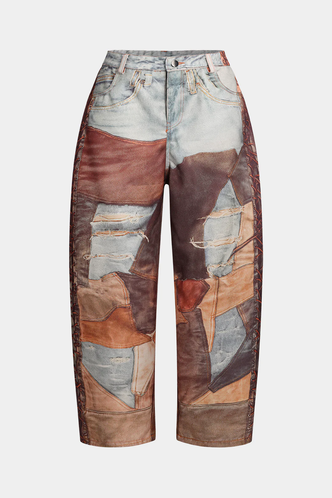 Plus Size Patchwork Button Zipper Pocket Wide Leg Trousers - Flockneti
