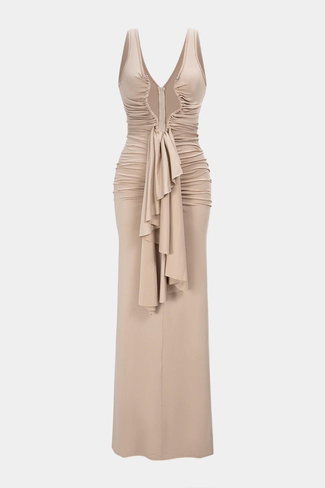 Metallic Decor Cut Out Ruched Slip Sleeveless Maxi Dress - Flockneti