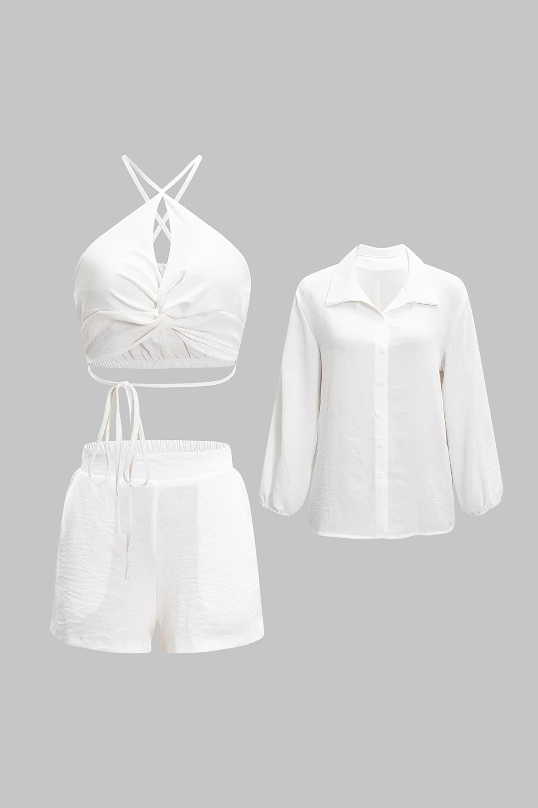 Solid Tie-Up Cut Out Cropped Top And Long Sleeve Shirt And Wide Leg Shorts Set - Flockneti