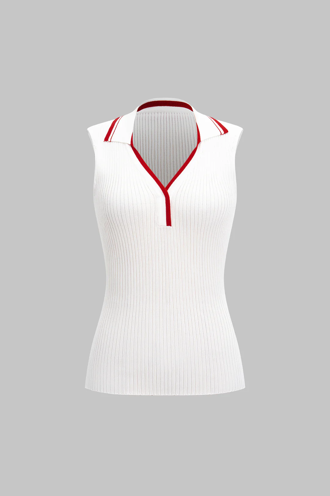 Knit Contrast Binding Polo Collar Ribbed Tank Top - Flockneti