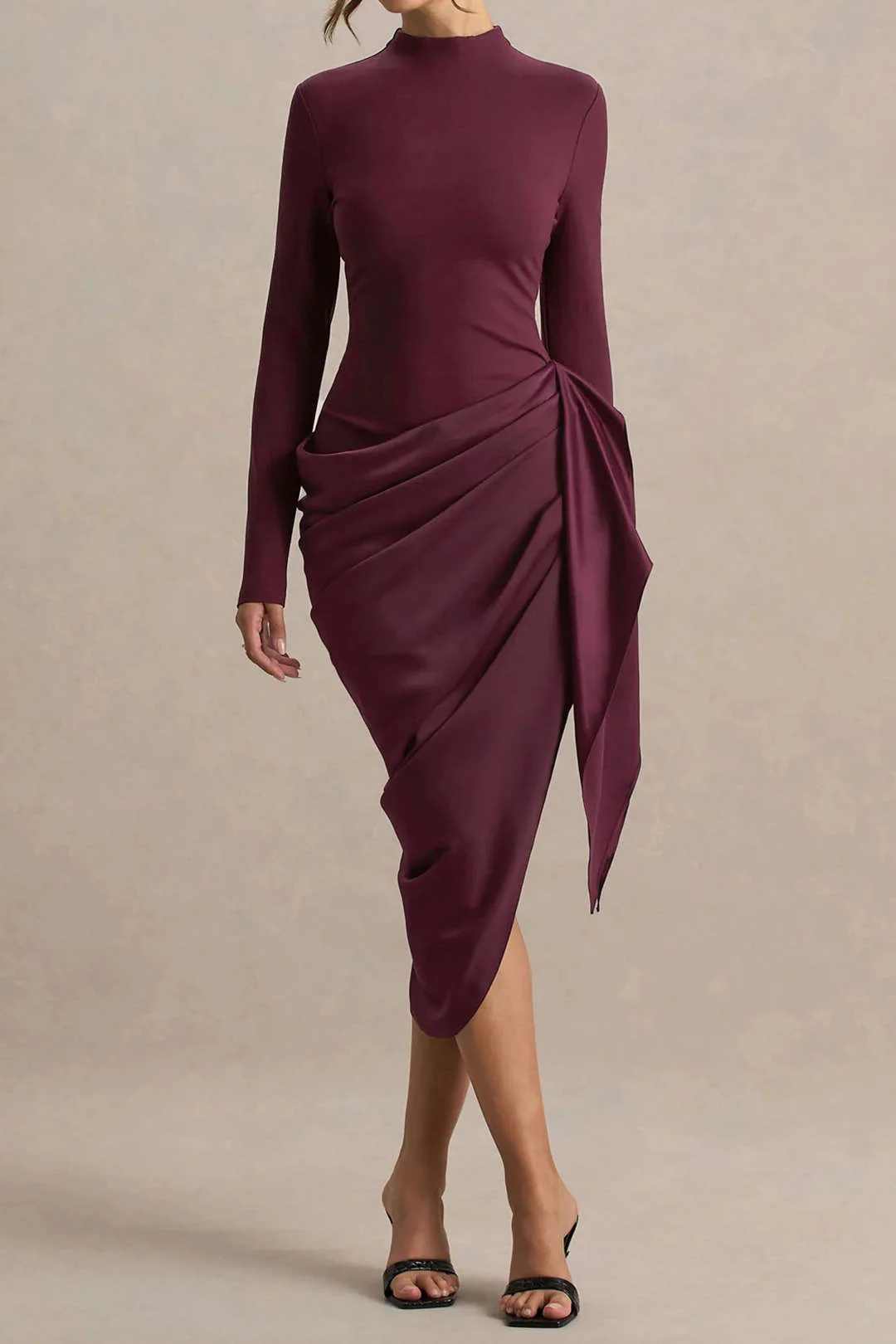 Satin Patchwork Ruched Asymmetrical Long Sleeve Midi Dress - Flockneti