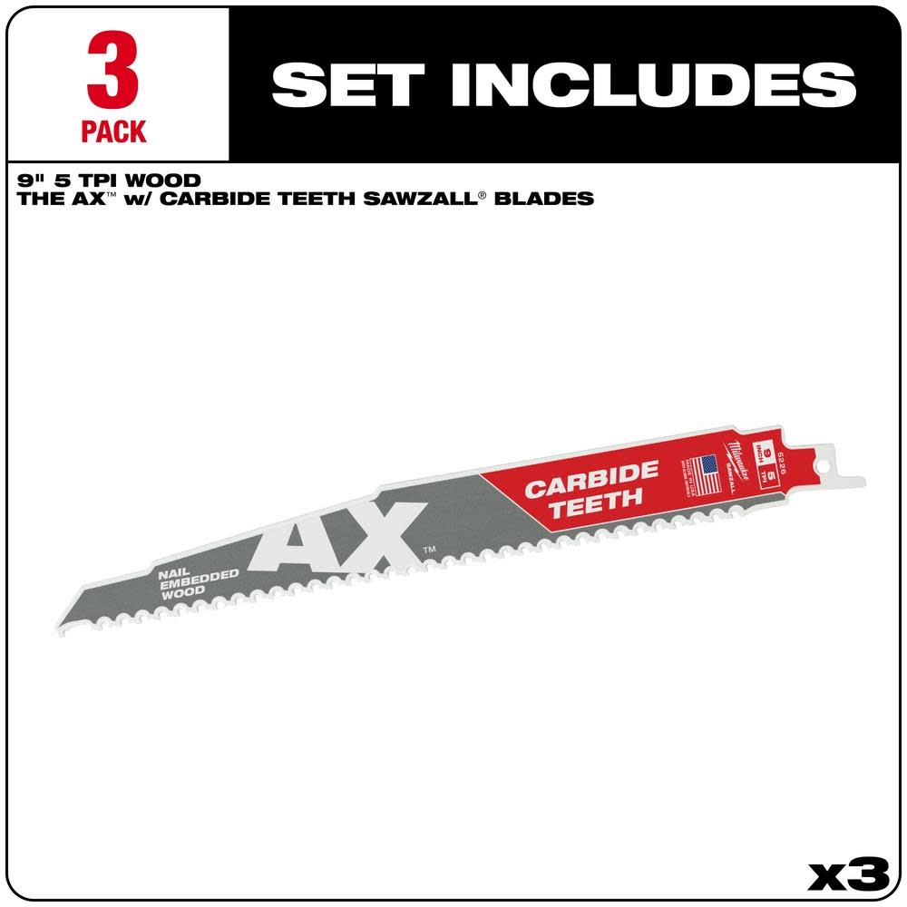 Milwaukee 9 in. 5 TPI The Ax Carbide Teeth SAWZALL Blades 3PK - Flockneti