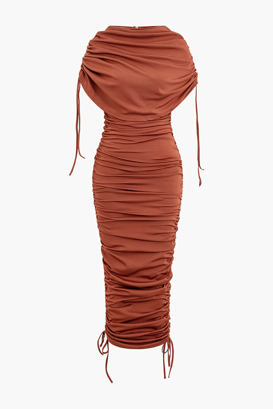 Drawstring Ruched Zipper Sleeveless Midi Dress - Flockneti