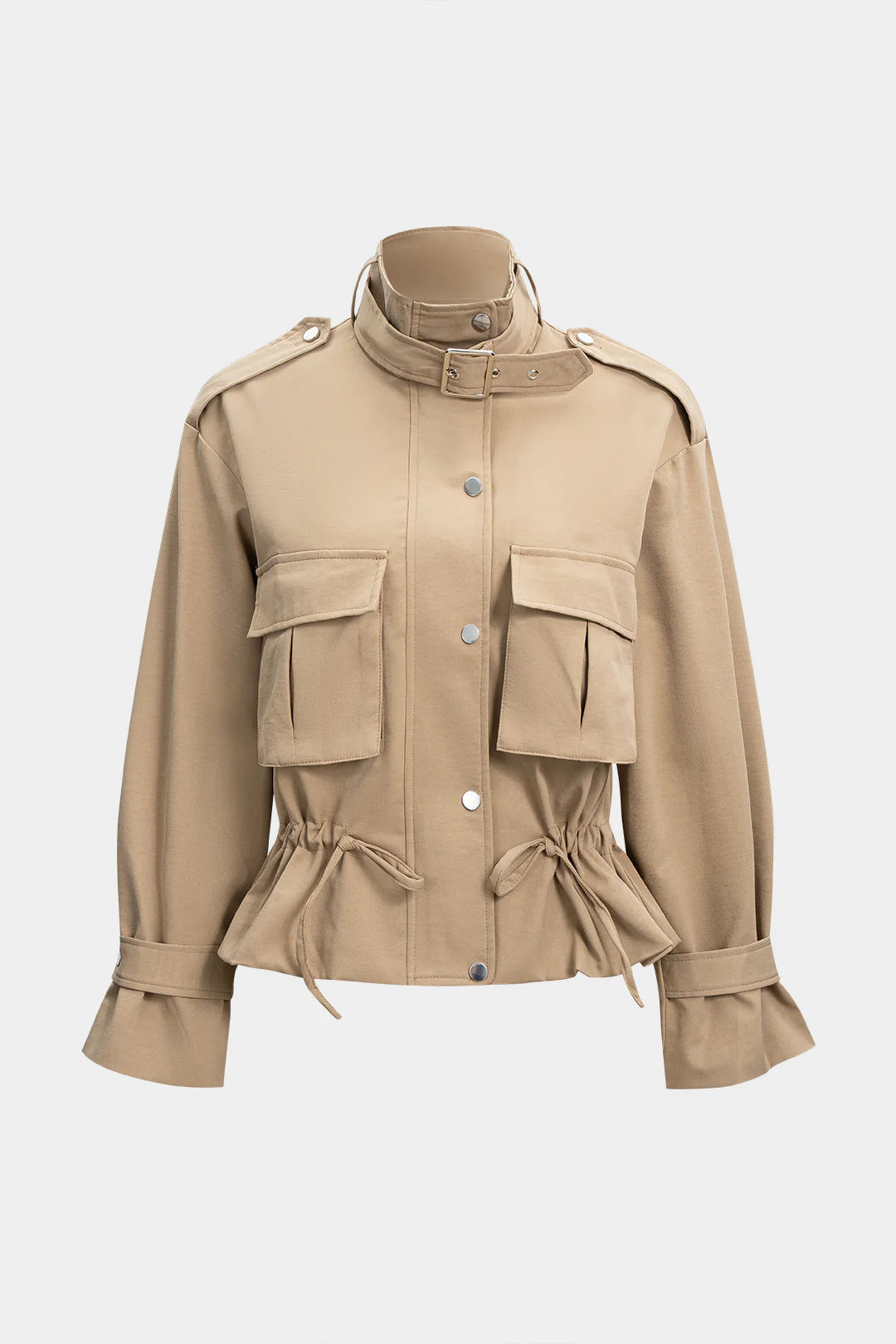 High Collar Pocket Drawstring Long Sleeve Jacket - Flockneti