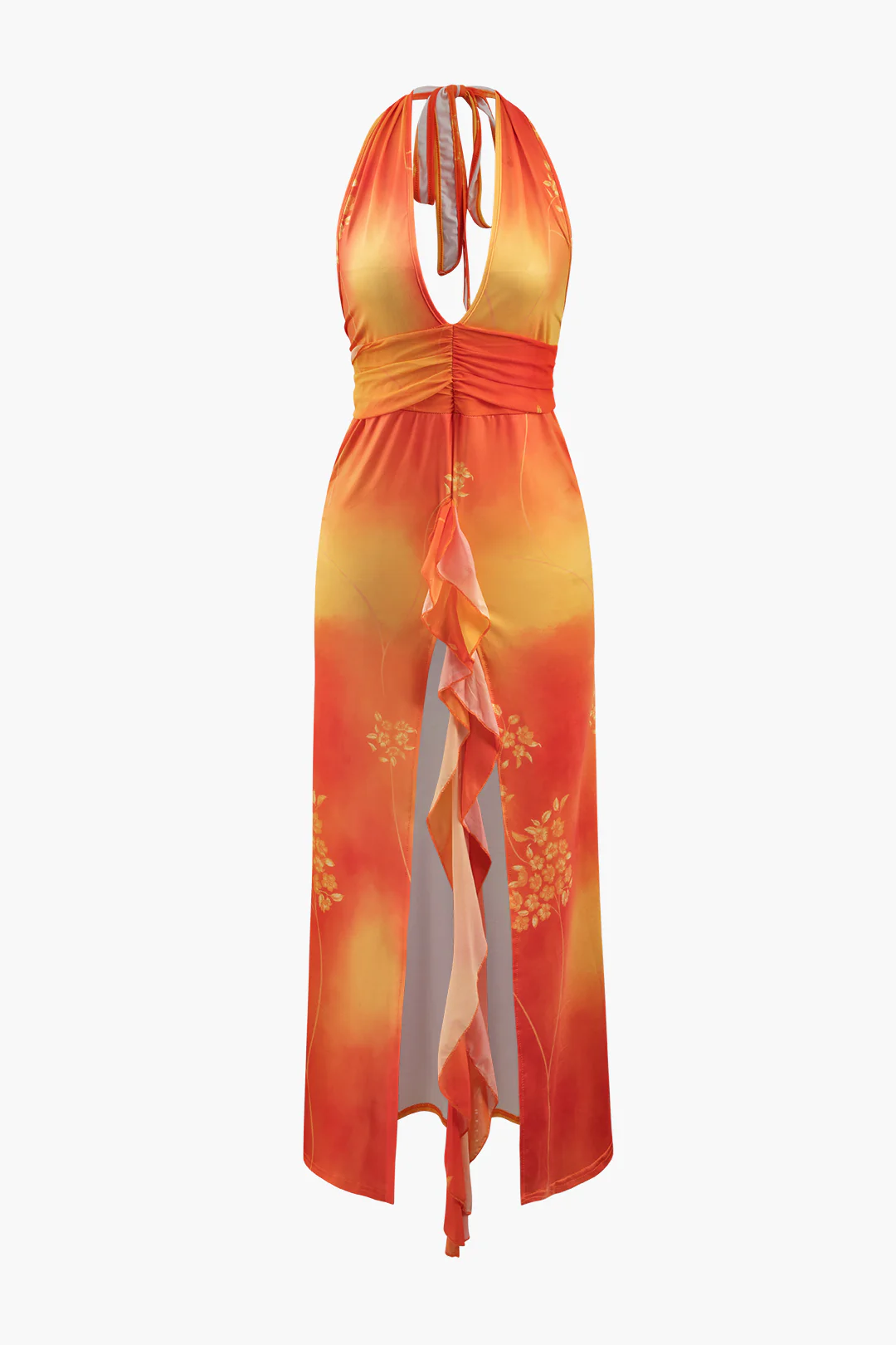 Abstract Print Halter Neck Tie Up Ruched Backless Slit Sleeveless Maxi Dress - Flockneti