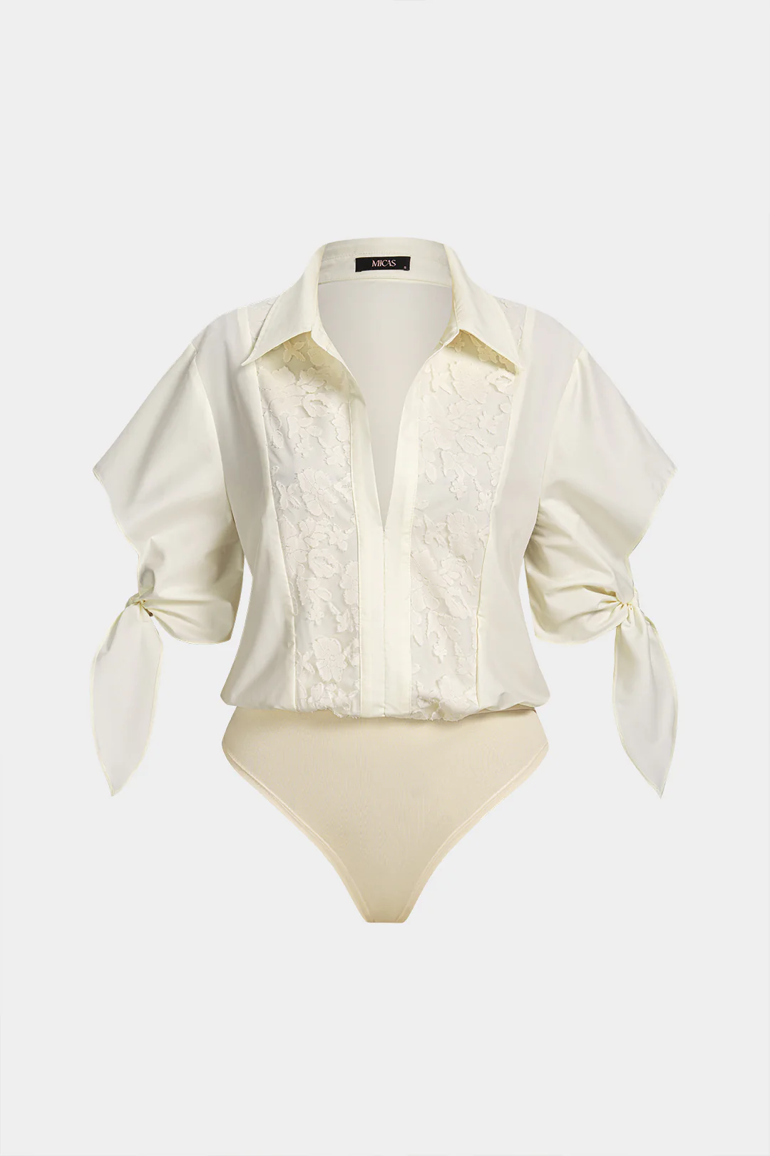 Lace Patchwork V-Neck Knotted Short Sleeve Bodysuit - Flockneti