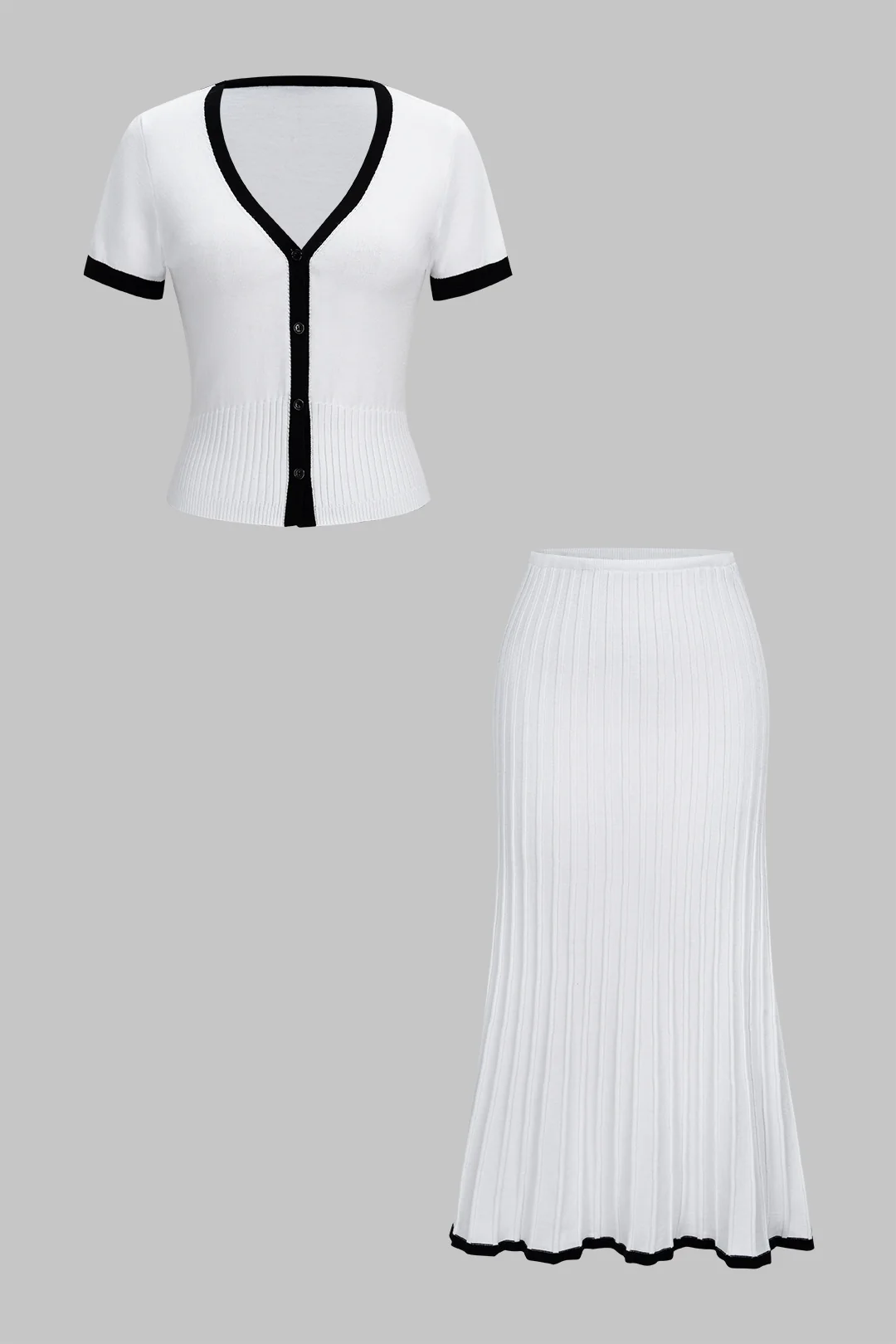 Knit Contrast Binding Ribbed Short-Sleeve And Skirt Set - Flockneti