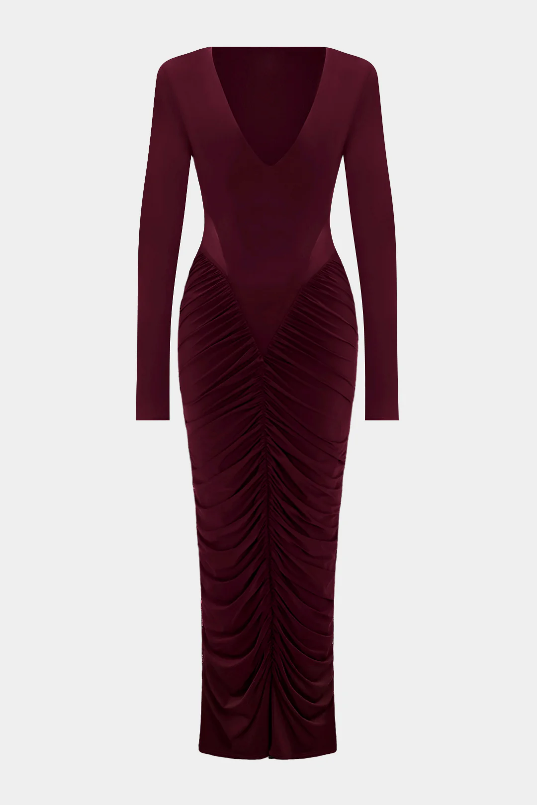 Patchwork Mesh Ruched V-Neck Long Sleeve Maxi Dress - Flockneti