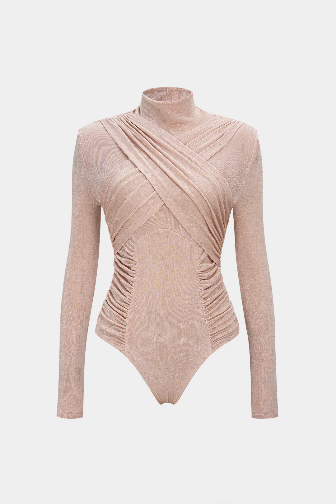 Mock Neck Shoulder Pads Ruched Long Sleeve Bodysuit - Flockneti