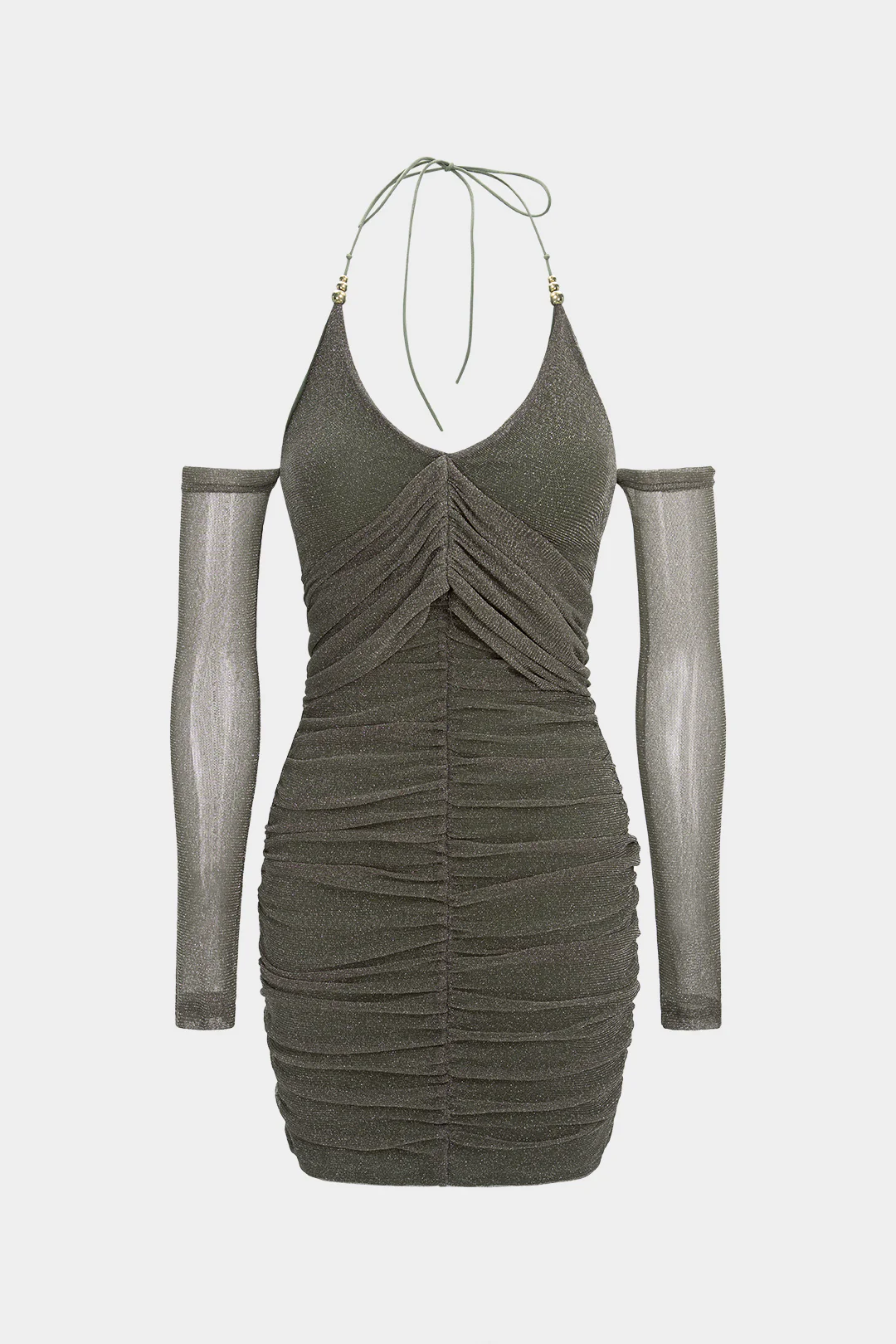 Mesh Halter Neck Ruched Tie Up Backless Long Sleeve Mini Dress - Flockneti