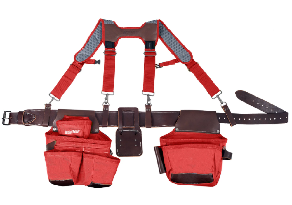 Bucket Boss Leather Hybrid Toolbelt with Suspenders Red - Flockneti