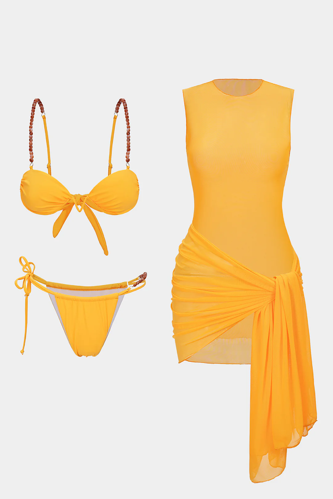 Mesh Patchwork Beaded Ruched Tie-Up Bikini Set - Flockneti